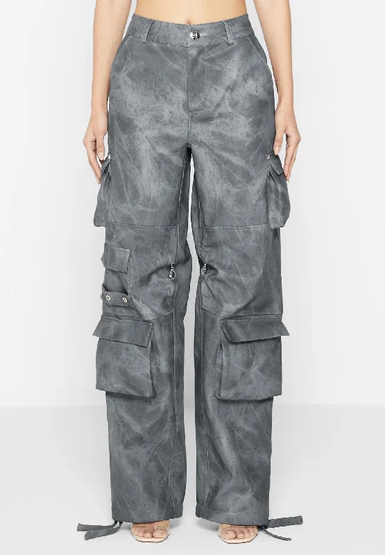 Cozy Jogger Pants for Cold Weather-High Waisted Vintage Marble Leather Cargo Pants - Washed Grey