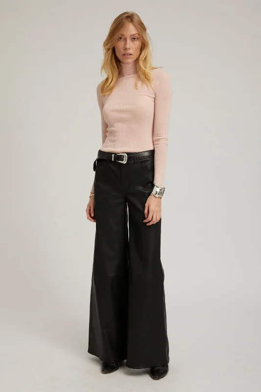 Classic Khaki Pants for Versatile Looks-Black Leather 5 Pocket Mid Rise Wide Leg Pants