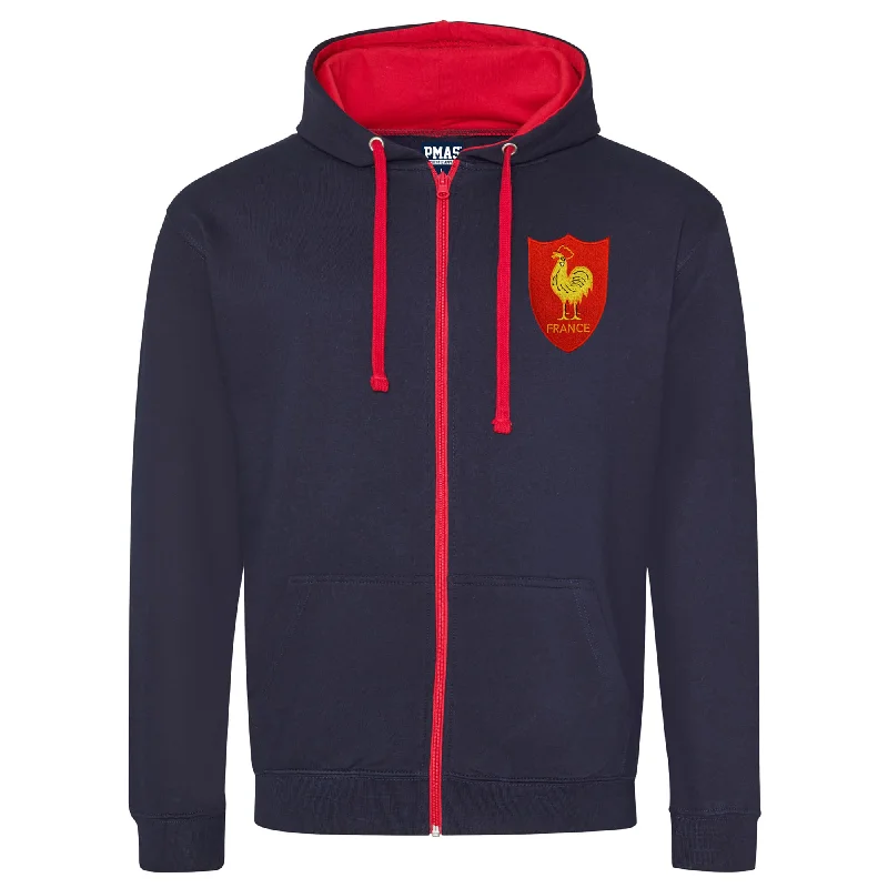 Stylish Graphic Hoodies for Trendsetters-Adult France Retro Style Rugby Zipped Hoodie With Embroidered Crest - French Navy Fire Red