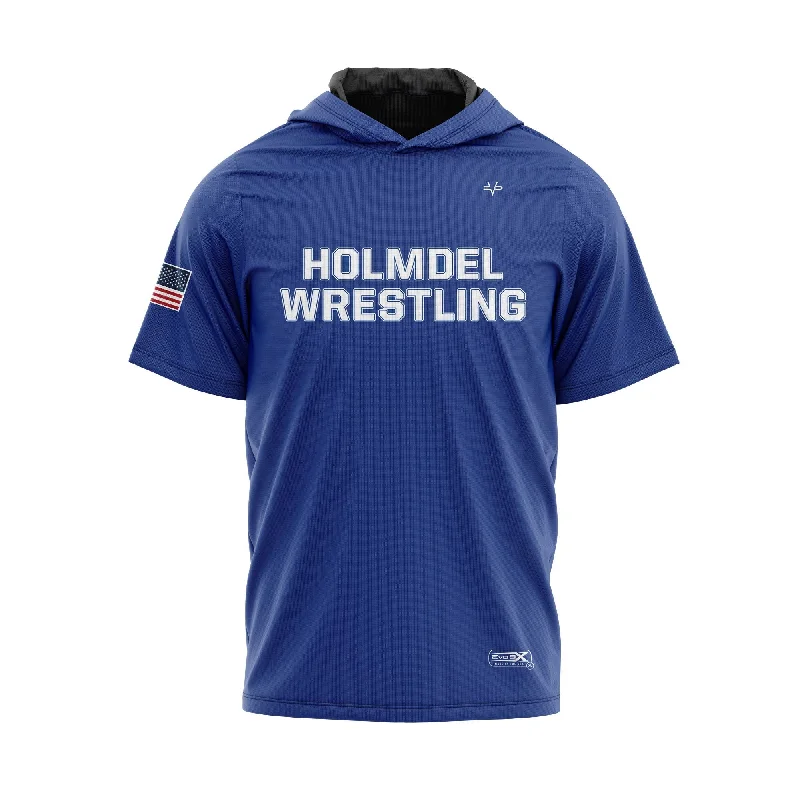 Casual Sporty Hoodies for Everyday Wear-HOLMDEL WRESTLING Sublimated Lightweight Short Sleeve Blue Hoodie