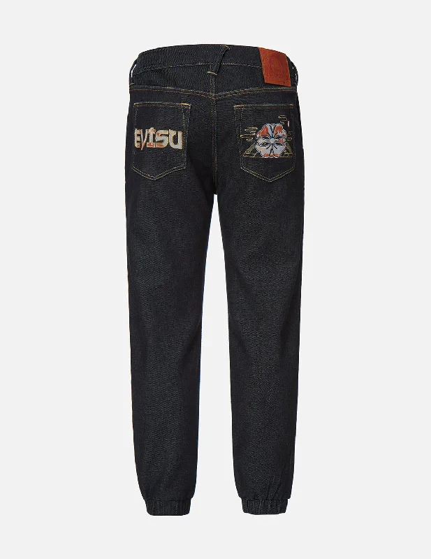 Warm Fleece Lined Pants for Cozy Days-Kamon and Logo Appliqué Denim Jogger Pants