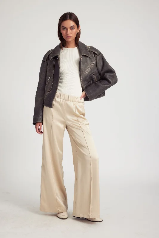 Casual Utility Pants for Everyday Comfort-Sand Silk Wide Leg Pintuck Pants