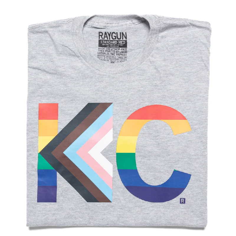 T-Shirt with Embroidered Logo for Subtle Branding-KC Text Progress Pride Flag