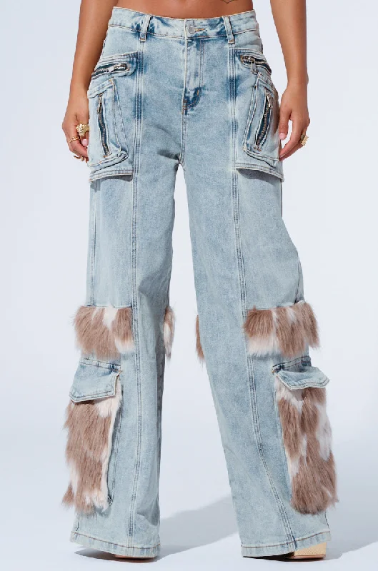 Vintage Inspired Bell-Bottom Pants-FUR DENIM CARGO PANTS