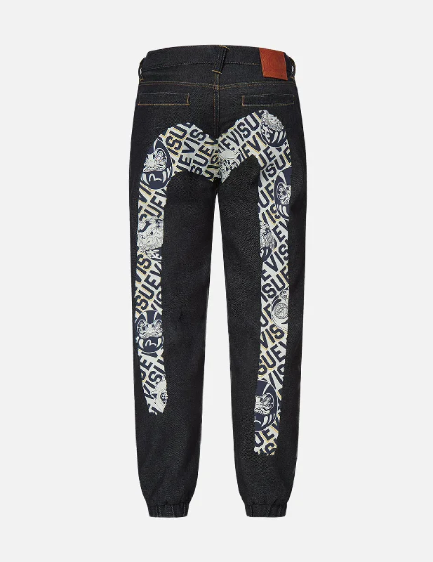 Waterproof Pants for Rainy Days-Daruma Buddies Daicock Print Denim Jogger Pants