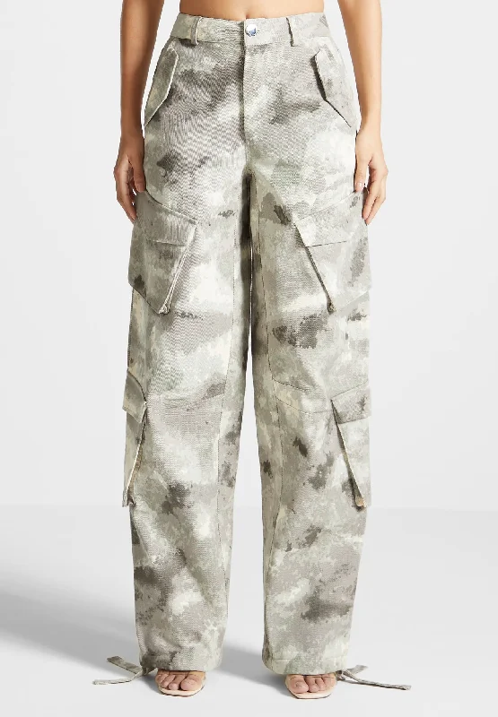 Fashionable Denim Joggers for Casual Wear-High Waisted Camo Cargo Pants - Grey