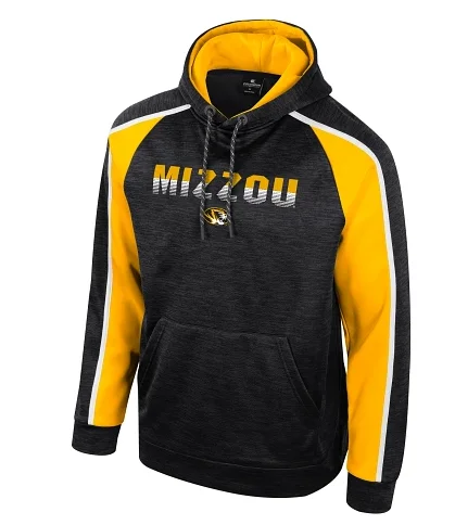 Fashionable Hoodies for College Students-Mizzou Tigers Colosseum Brint Oval Tiger Head Black and Gold Hoodie