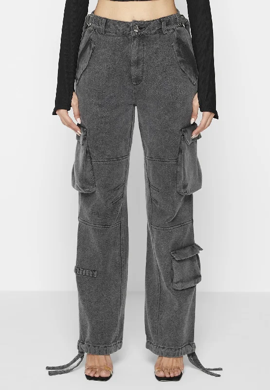 Relaxed Fit Palazzo Pants for Everyday Wear-Mid Rise Cargo Pants - Washed Grey