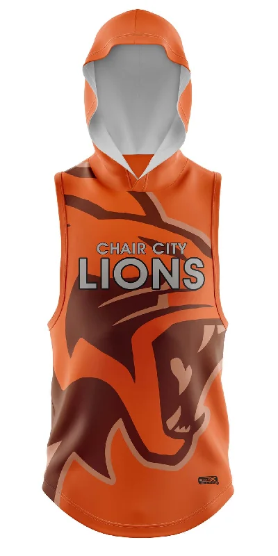 Hoodies with Pockets for Convenience-CHAIR CITY FOOTBALL Sublimated Light-Weight Sleeveless Hoodie Orange