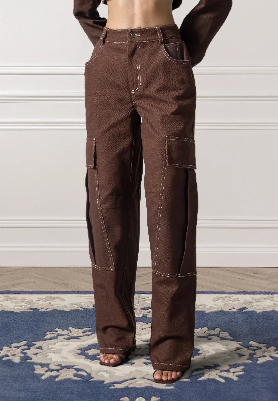 Trendy Wide-Legged Pants for Fashion Lovers-High Rise Drill Cargo Pants - Brown