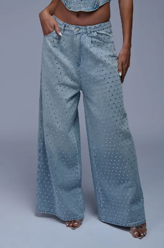 Stylish Printed Pants for Bold Looks-DAZZLED RHINESTONE STUDDED DENIM PANTS