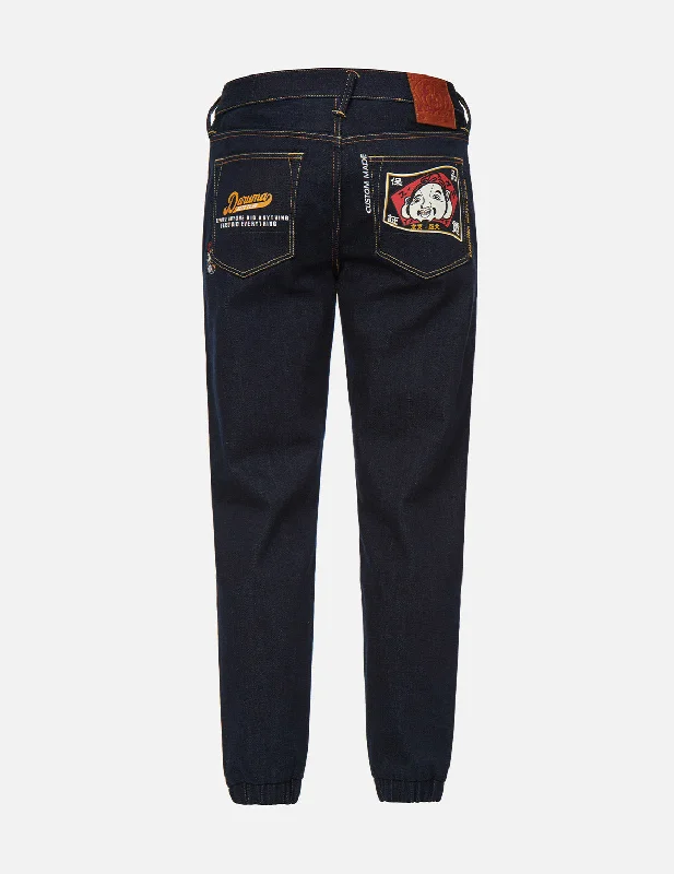 Custom Workwear Pants for Heavy-Duty Jobs-Godhead and Daruma Calligraphy Pocket Denim Jogger Pants