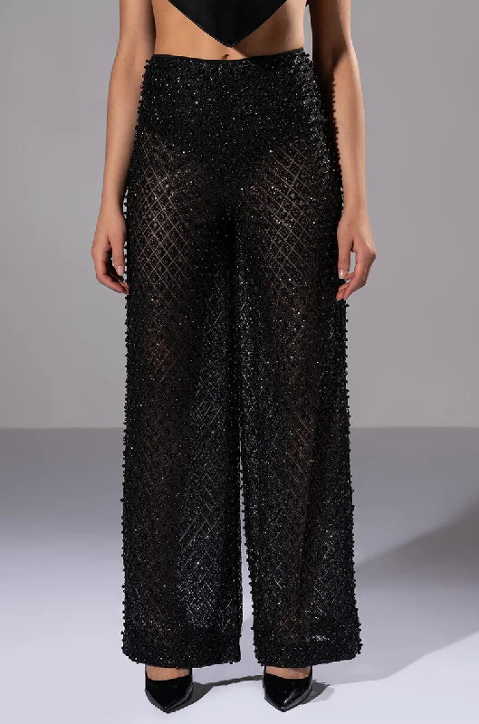 Custom Work Pants for Construction Jobs-SEXY VILLAIN SHEER WIDE LEG GLITTER DETAIL PANTS