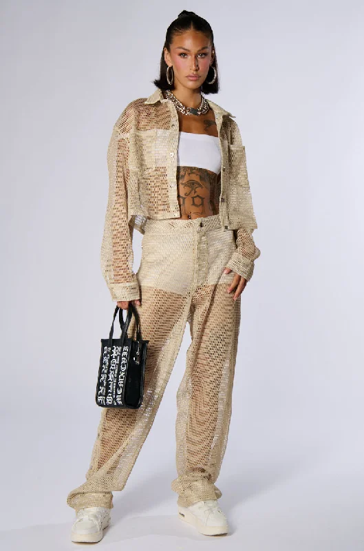 Stylish Leather Joggers for Trendy Outfits-ALL THAT MESH WIDE LEG SNAP PANTS IN BEIGE