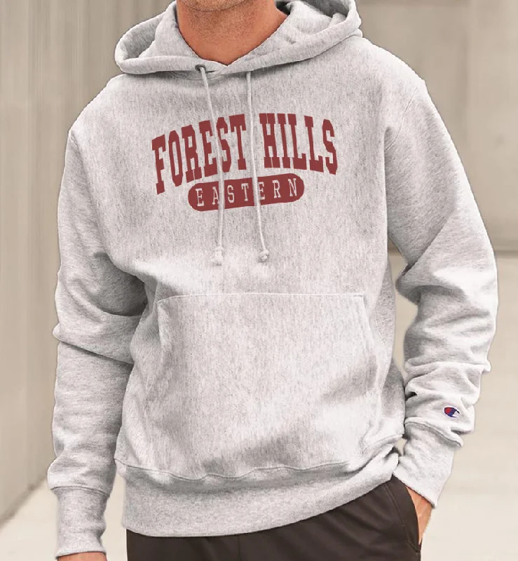 Hoodies with Logos for Team Spirit-FOREST HILLS EASTERN in CRIMSON Reverse Weave Champion Hoodie Sweatshirt