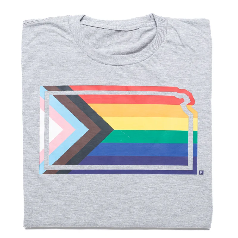 T-Shirt with Tie-Dye Design for Retro Look-Kansas Outline Progress Pride Flag