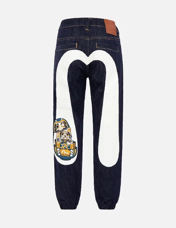 Classic Blue Jeans for All Occasions-Fortune Cat Stacking Daruma Daicock Denim Jogger Pants