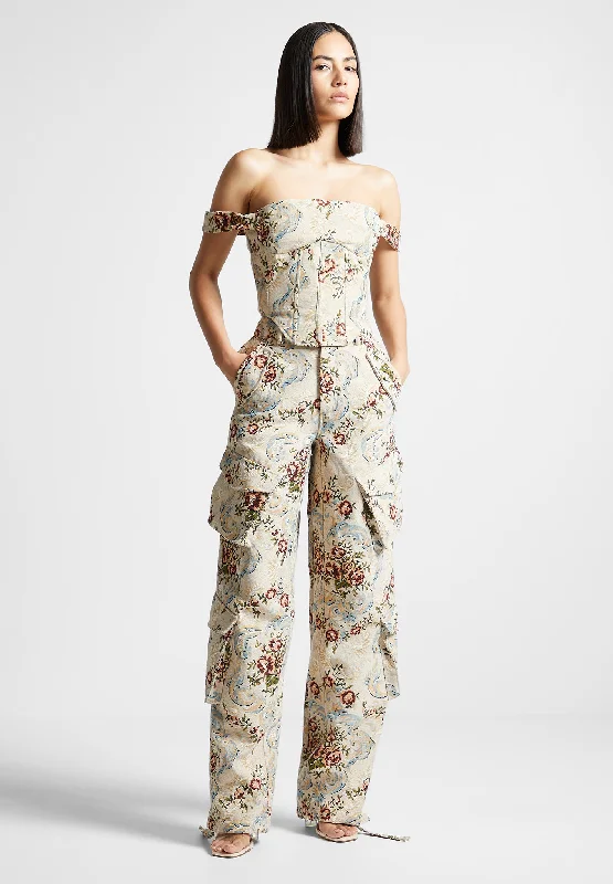 Soft Wool Pants for Cold Weather Wear-Floral Jacquard High Waisted Cargo Pants - Beige