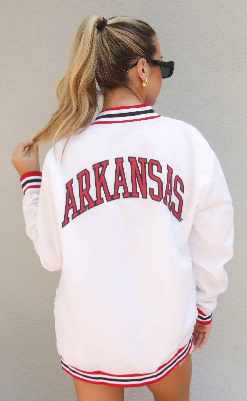 Urban Jackets for City Living and Travel-arkansas leaning hog varsity jacket - white