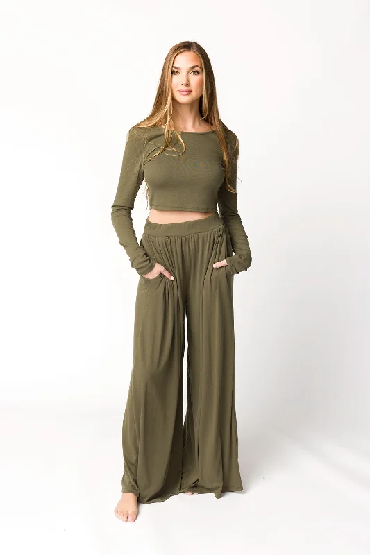 Lightweight Beach Pants for Vacation-The London Long Sleeve Crop Top and Pants Set in Olive