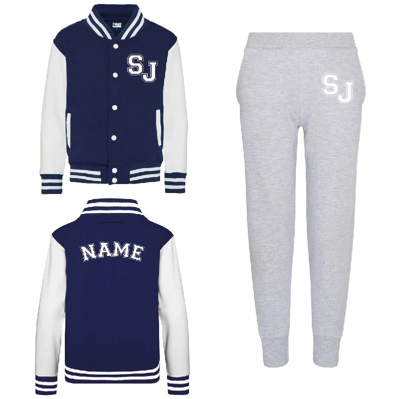 Urban Jackets for City Living and Travel-Kids Baseball Style Varsity Jacket and Matching Joggers - Personalised with Front Initial Step and Name on Back Letterman Style