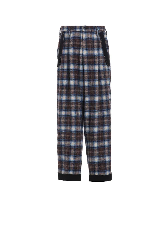 Soft Drawstring Pants for Casual Days-CHECKED SHAGGY WOOL SIDE CUT-OFF PANTS