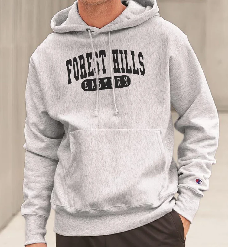 Sports Hoodies for Jogging and Running-FOREST HILLS EASTERN in BLACK Reverse Weave Champion Hoodie Sweatshirt