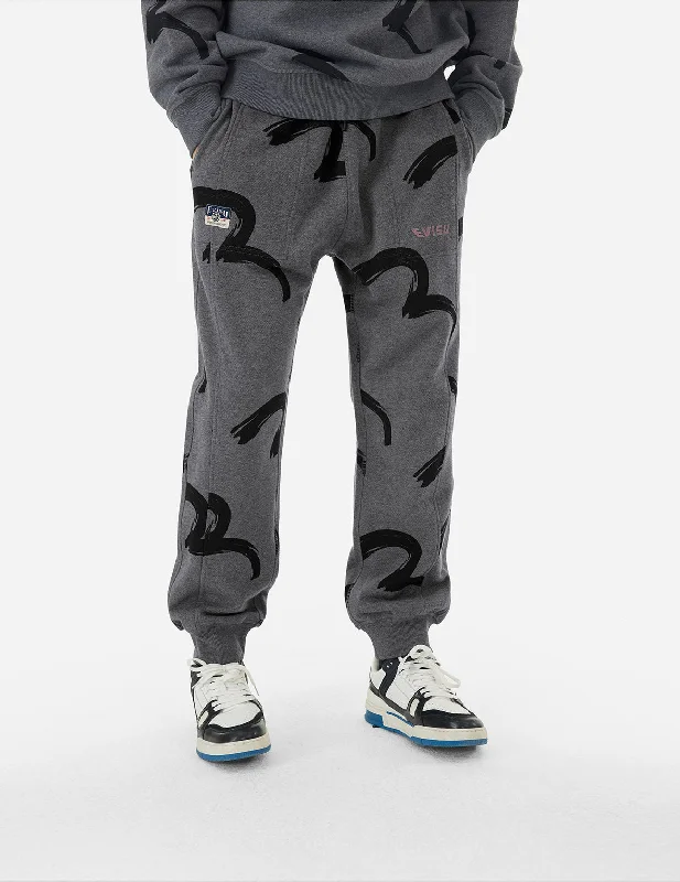 Stylish Leather Pants for Night Out-Allover Brushstroke Seagull and Logo Print Straight Fit Sweatpants