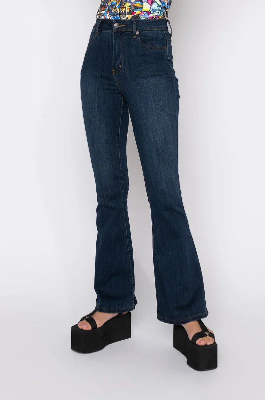 Lightweight Linen Pants for Hot Weather-LENA SUPER HIGH RISE FLARE DENIM PANTS DARK BLUE DENIM