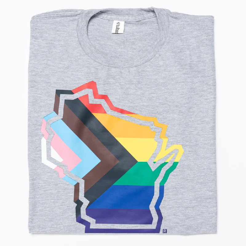 Personalized T-Shirt with Your Name and Number-Wisconsin Outline Progress Pride Flag