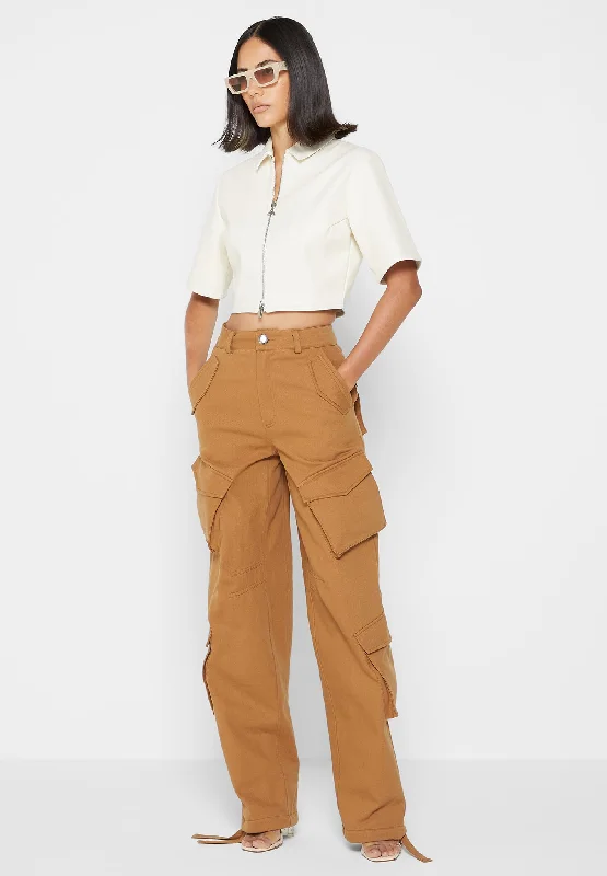 Classic Fit Khakis for Business Casual-High Waisted Cargo Pants - Tan