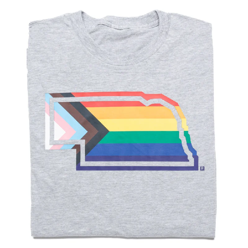 T-Shirt with Eco-Friendly Inks for Sustainable Printing-Nebraska Outline Progress Pride Flag