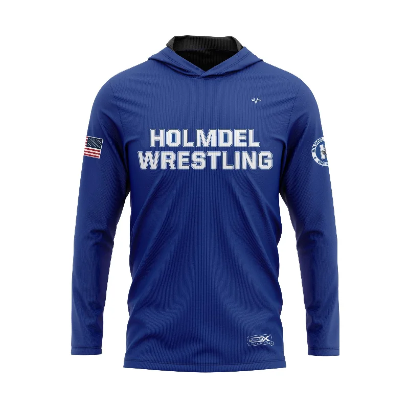 Warm Hoodies for Winter Wear-HOLMDEL WRESTLING Sublimated Lightweight Long Sleeve Blue Hoodie