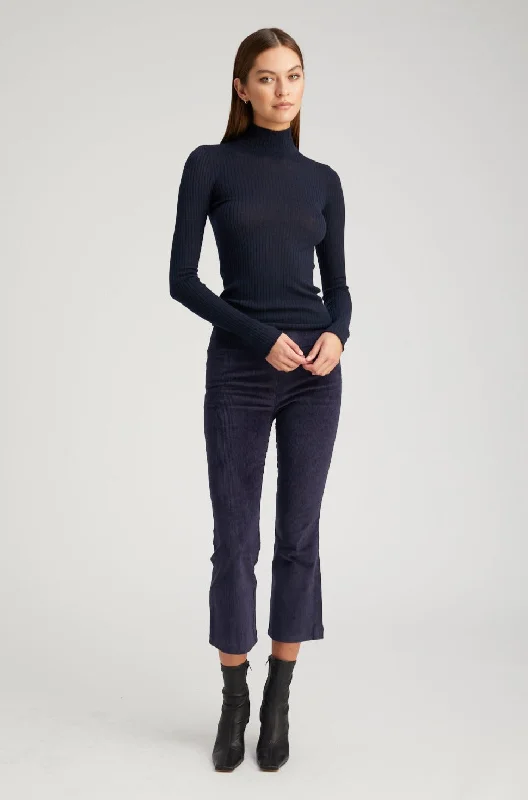 Elegant Silk Pants for Special Occasions-Navy Corduroy Crop Flare Pants