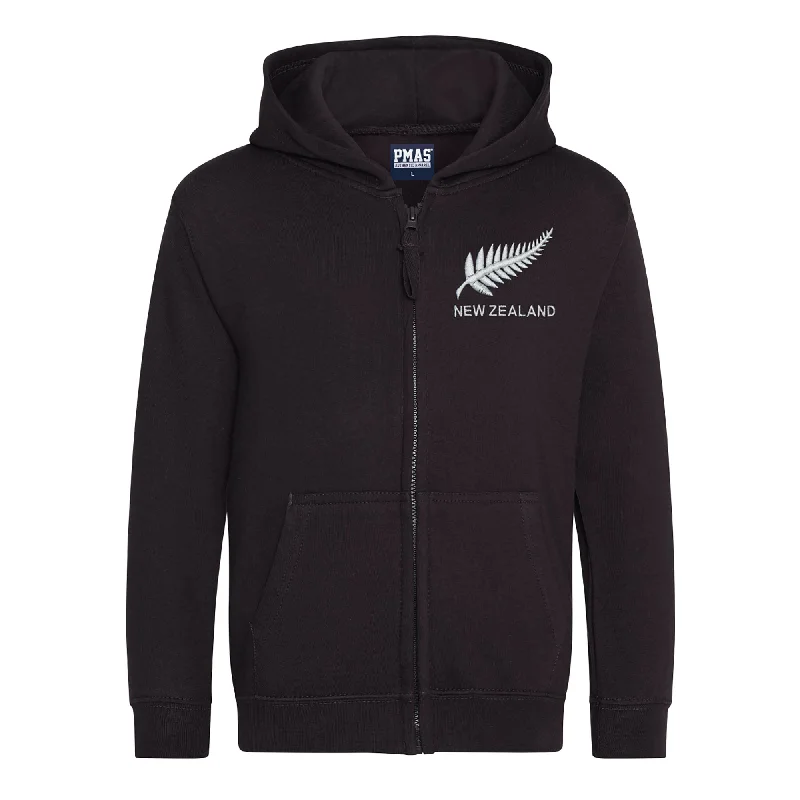 Cozy Fleece Hoodies for Extra Warmth-Kids New Zealand Retro Style Rugby Zipped Hoodie With Embroidered Crest - Jet Black