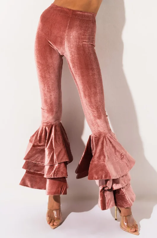 Soft Drawstring Pants for Casual Days-LUCKY ME HIGH WAISTED VELVET RUFFLE PANTS LIGHT PINK