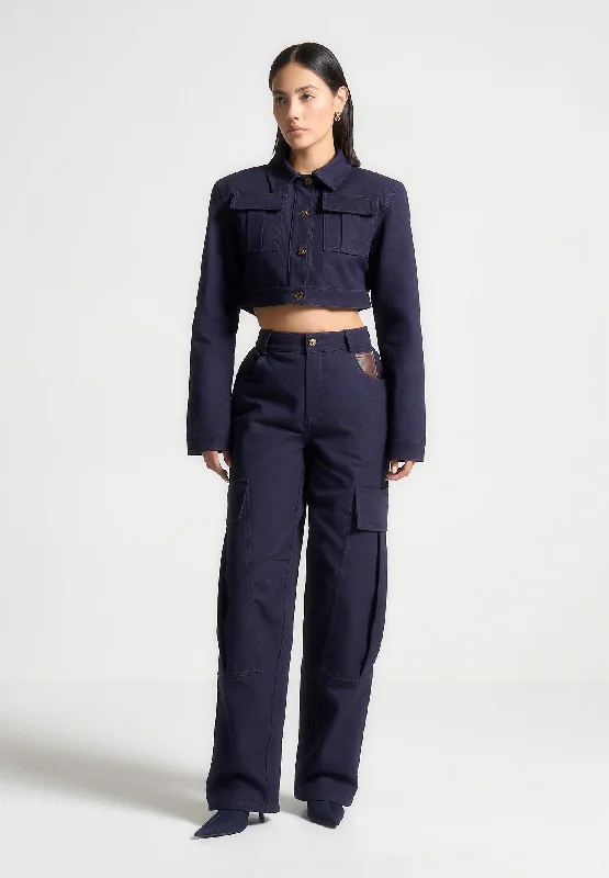 Tailored Fit Dress Pants for Formal Looks-High Rise Drill Cargo Pants - Indigo