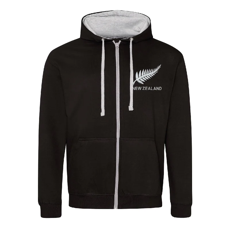 Casual Zip-Up Hoodies for Layering-Adult New Zealand Retro Style Rugby Zipped Hoodie With Embroidered Crest - Jet Black Heather Grey