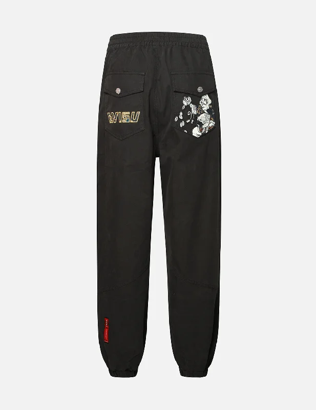 Stretchable Yoga Pants for Flexibility-Daikokuten and Logo Embroidery with Brocade Appliqué Loose Fit Jogger Pants